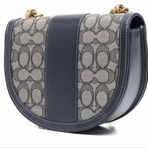 Coach Alie Saddle Crossbody Bag Navy Blue and Gold Signature Jacquard Purse - Picture 12 of 13